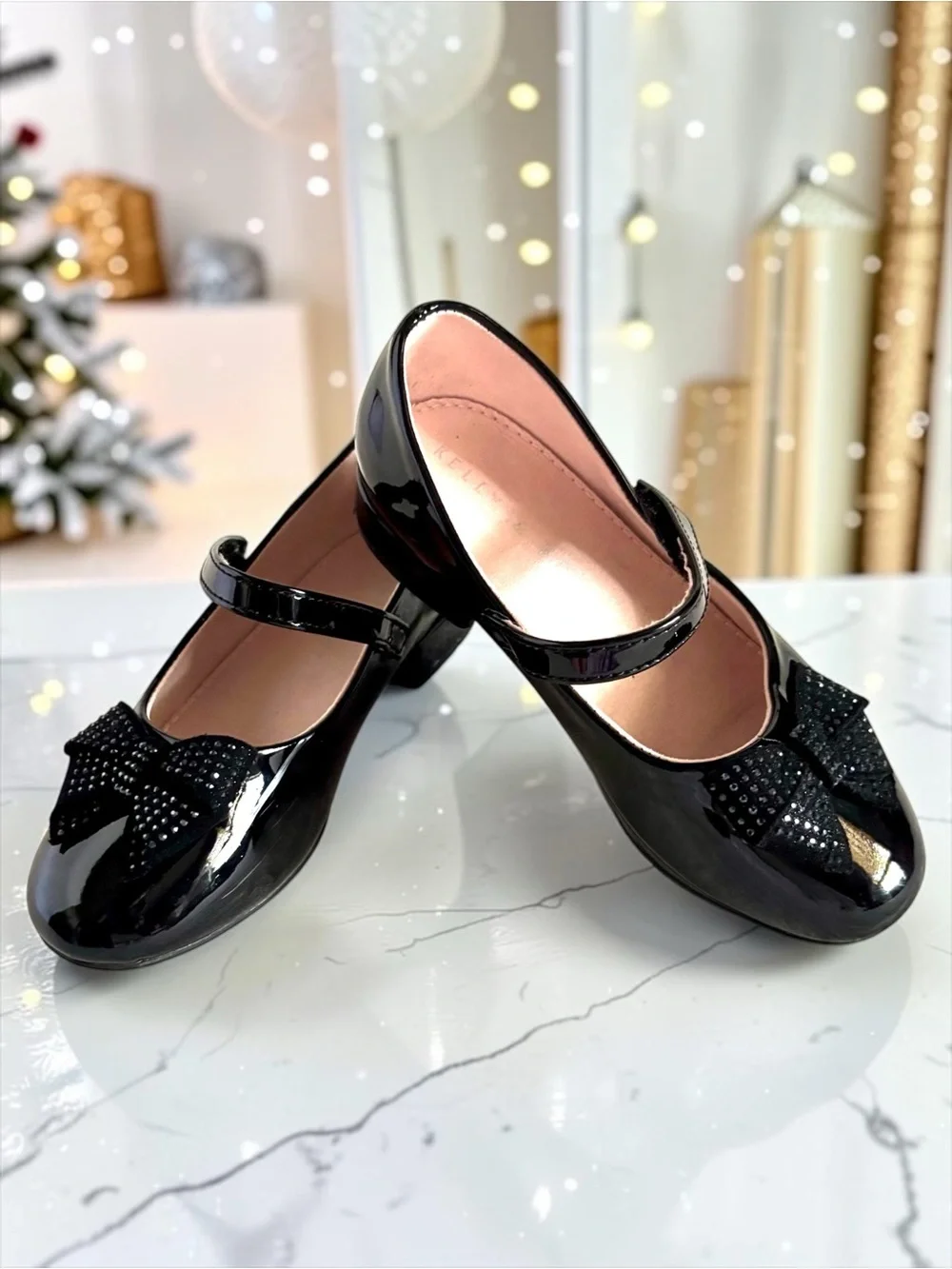 Kelly & Katie Toddler Girl Black Patent Rhinestone Bow Dress Flats | Size 12